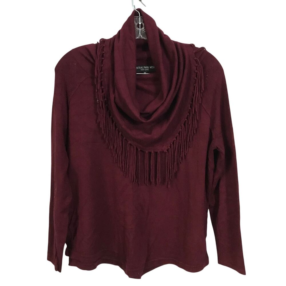 Central Park West Sweater Extra Small Womens Long Sleeve Cowl Neck Fringe Wine